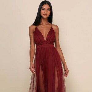 Rare Beauty Burgundy Tulle Backless Maxi Dress - Lulus
